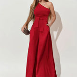 Women's Dress 2025 New Solid Color Collared Shoulder Tie With High-Waisted Broad-Legged Jumpsuit