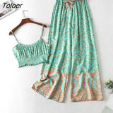 Boho Vintage Pattern Print Women 2 Piece Set Spring 2023 Midriff Baring Wide Leg Pant Retro Chic Beach Vacation Women