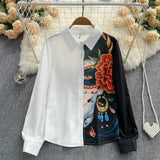 Women Print Spliced Long Blouse Casual Long Sleeve Button Loose 2022 Autumn Streetwear French Office Lady Fashion