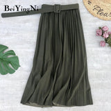 2020 Autumn Summer Women Skirt Midi With Belt Pleated Female Skirts Casual Luxury Korean Faldas Ladies Saias Chic