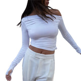 Aesthetic T Shirt 2023 Spring Autumn Solid Color Off Shoulder Long Sleeve Crop Top 2000s Tees Women Clothing