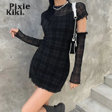 Black Mesh Plaid Dress 3 Piece Set Dark Academia Mall Goth Sexy Bodycon Mini Dress Egirl Style Clothes