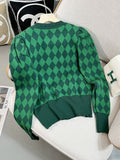 Women Sweater Long Sleeve Arglye Green Pullovers Sweater Knitted Cat Embroidery Femininas Jumpers Loose Casual
