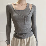 Korean Sexy Slim Tops Two Piece Set Women Camisole+long Sleeve T Shirt Irregular Knitted Ribbed Tee Shirt Designer