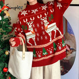 Simplee Chirstmas cute long sleeve sweater women winter Causal loose off shouler pullover autumn winter Boho red green