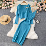 Women Korean Knitted Set Casual Loose Short Pullovers+Sleeveless V Neck Sexy Slim Strap Sweater Dress Two Piece