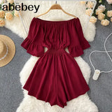 Slash Neck Jumpsuits Shorts Casual Summer Women Overalls Solid Ruffles Playsuits 2022 Sexy Ruffles