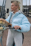 Casual Blue Stand Collar Long Sleeve Short Padding