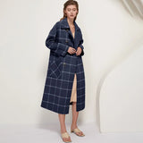 Women Vintage Plaid Woolen Long Coat With Pockets Double Breasted Fashion Overcoat Female Batwing Long Sleeve Wool