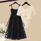 2023 Summer New Elegant Women's Dress Set Sexy Lace Chiffon Shirt Black Suspender Dress Two-piece Set Female Skirt