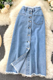 Long Denim Skirt for Women Korean Fashion Vintage Tassels High Waist Single Breasted A-line Jeans Skirt with