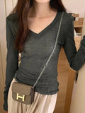 Ribbed V Neck Slim Long Sleeve Knit-Outfit