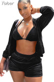 Sexy Sports 3 Piece Set Velvet Tracksuit Jacket Shorts Fall Outfits for Women Matching Sets Wholesale Clothes