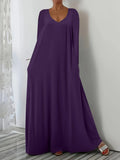 New Long Dress Casual Loose Short Sleeve Pure Color V Collar Body Size