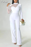 White Polka Dot Mesh Women's Jumpsuit Office Lady Business Workwear Long Sleeve Straight Overalls Spring Autumn