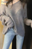 Woman Sweaters Sexy V-neck Knit Oversized Top Fashion Y2K Sweater See Through Thin Jumper Korean Elegant Women's