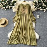 Industry Embroidery Loose Holiday Dress Women Large Size Show Lean Meat Sweet Tie With Round Lantern Sleeve
