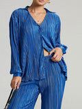 Women's Shirt Pleated Two Piece Set Loose High Waist Wide Leg Pants Suit 2022 Casual Elegant Office Ladies Female