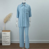 Loose Women Trouser Suits Short Sleeve Shirt With High Wasit Pants 2 Piece Sets Spring Pleated Elegant Brown Lady