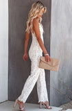 Toloer White Elegant V-neck Sleeveless Solid Lace Backless Full Length Regular Straps Rompers 102-0-Outfit