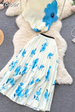 Print Women T Shirt Suit Top + Midi Long Large Swing Pleated Skirt Set For Woman Summer Clothing fashion Two Piece