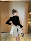 Vestidos De Mujer Temperament Black Woman Dress Stand Neck Hollow Out Slim Waist Robe Femme Fashion Tunic Vintage
