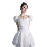 Graduation party Student Ins Chic Summer New Korean Kawaii Girl Spice Square Neck Bubble Sleeve Waist Short Puffy Dress