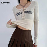 Vintage Letter Print Crop Tops Grunge Ribbed T-shirts Sexy Slim Long Sleeve Tee Shirt Women Korean Fashion