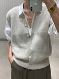 Knitted Sweater Vest Women Stretchy Simple Basic Daily V-neck Solid Open-stitch Female Korean