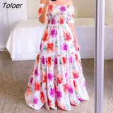 Women's Rainbow Long Dress Fashion Sexy Off Shoulder A-line Printed Maxi Dresses Boho Retro Party Evening Vestidos