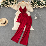 Summer Women Sexy Two Piece Set Beach Criss-Cross V-Neck Spaghetti Strap Tops + Wide Leg Pants Red/Yellow/Purple Suits