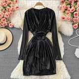 Autumn Vintage Gold/Black Satin Draped Dress Women Elegant V-Neck Long Sleeve High Waist Irregular Robe Female Vestidos 2021