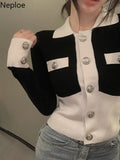 Cropped Cardigan Women Temperament Knitted Sweater Turn-down Collar Long Sleeve Sueter Mujer Contrast Color Coat