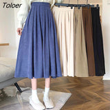 Korean Style High Waist Long Skirts for Women Zipper Pleated Women's Midi Skirt Autumn 2023 Solid Color A Line
