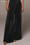 Sexy Glitter Loose Wide Leg Pants Women High Waist Baggy Dress Pants Elegant Black Trousers 2023