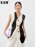 Women Loose Fit Black Color-block Irregular Casual Vest New V-collar Sleeveless Fashion Tide Spring Autumn 2023