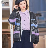 Women Knit Cardigan 2022 Winter Long Sleeve V Neck Loose Sweaters with Button Plush Floral Print Black Casual Chic