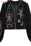 MODA Women Fashion Contrast Embroidery Velvet Crop Open Blazer Coat Vintage Long Sleeve Female Outerwear Chic Veste