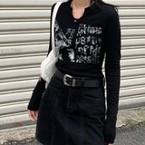 Retro Graffiti Print Skinny T Shirt Women Sexy Slim Crop Top Ribbed Long Sleeve V-neck Tops Grunge Clothes Japanese