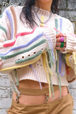 Fashion Women's Knitted Pullover O-neck Loose Long Sleeve Tassel Patchwork Hollow Out Short Sweater Autumn 2023 New