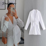 White V Neck Long Sleeve High Waist Sashes Dress Spring Fashion Bow Tie Mini Dresses Vintage Ladies Blazer Robe Za