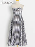 Vintage Houndstooth Strapless Dress For Women Slash Neck Sleeveless High Waist Midi A Line Dresses Female 2022