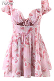 2023 Summer Chic Sexy Mini Dress Woman Chiffon Printed Ruffled Puff Sleeve Square Collar Lace Hollow Holiday Short
