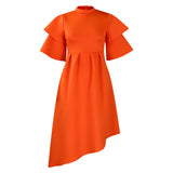 Women's 2025 Summer New Double-Layered Lotus Leaf Sleeves Pure-Colored Dress