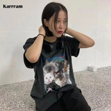 Korean Fashion Cat Print T-shirts Kawaii Kitten Y2k Aesthetics Tops Japanese Cute Short Sleeve Loose T-shirts