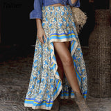 Boho Retro Floral Print Skirts Women 2023 Summer High Waist A-Line Pleated Long Skirts Casual Holiday Beach