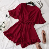 Women Rompers casual wide leg pants overalls short sleeve v neck solid playsuits summer beach chiffon ruffle