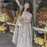 Women Print Puff Sleeve Loose A-line Stylish High Street French Sweet Lovely Holiday Chic Korean Version Student
