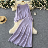 Windy Woman Languid Languid Breeze With Long-Sleeved Knitted Shirt + High Waist Swing Sweater Half-Dress
