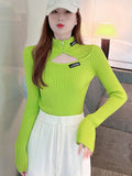 2022 Knitted Women Short Sweater Hollow Out High Neck Pullovers Turtleneck Autumn Basic Women Sweaters Fit Black Pull